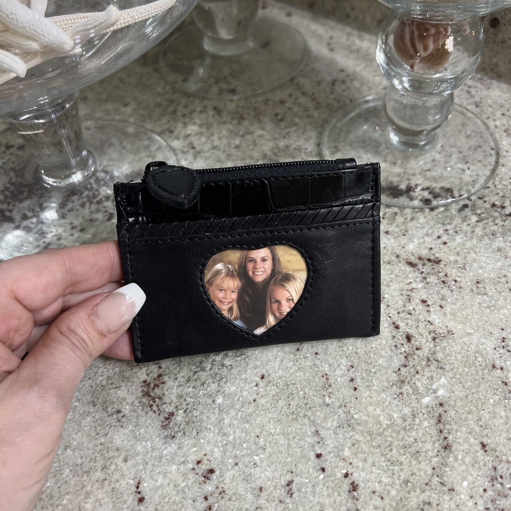 Brighton Black Leather Card Case Wallet Heart ID Window Croc Embossed Trim